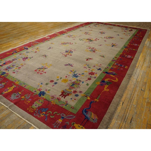 Art Deco Gorgeous Tan-Ecru Ground Color With Red-Raspbery Border in a Chinoiserie Pattern Antique Chinese Art Deco Rug For Sale - Image 3 of 12