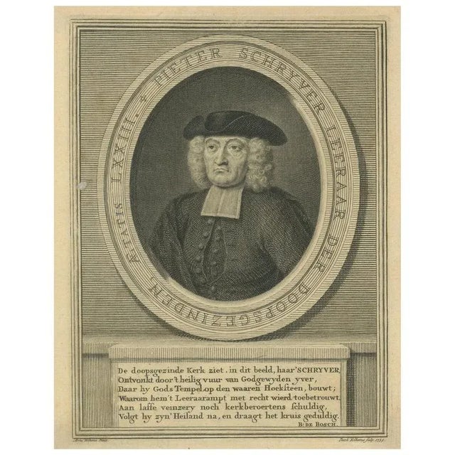 J. Folkema, Portrait of Pieter Schrijver Mennonite Preacher, 1739, Paper For Sale - Image 10 of 10