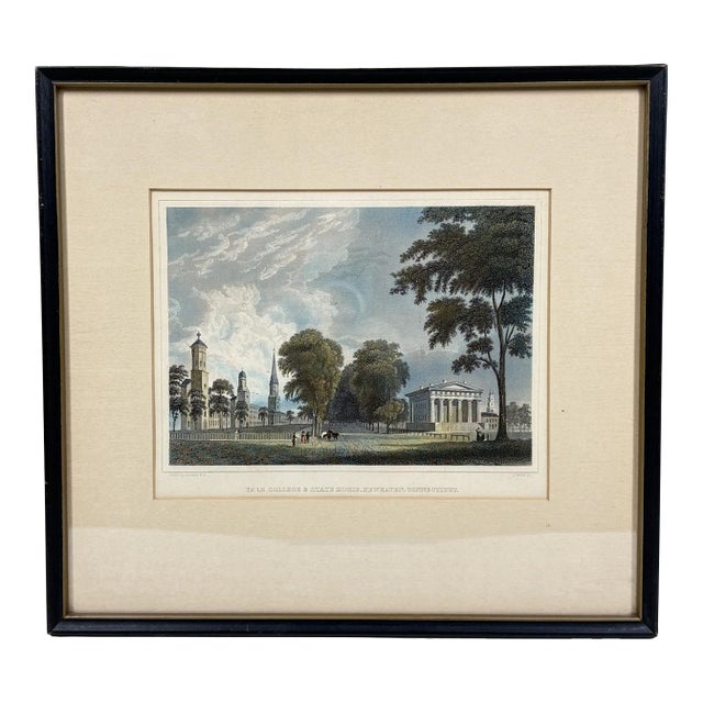 Antique Hand-Colored Steel Engraving: "Yale College & State House, New Haven, Connecticut" (C. 1831) Reproduction For Sale