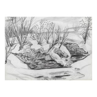 1950s Winter Landscape Mid Century Modern Drawing For Sale
