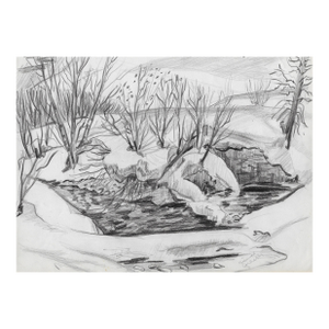 1950s Winter Landscape Mid Century Modern Drawing