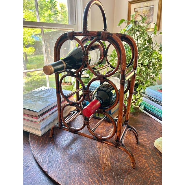 Vintage Boho Chic Scorched Tortoise Bamboo 6 Bottle Wine Holder For Sale - Image 4 of 11