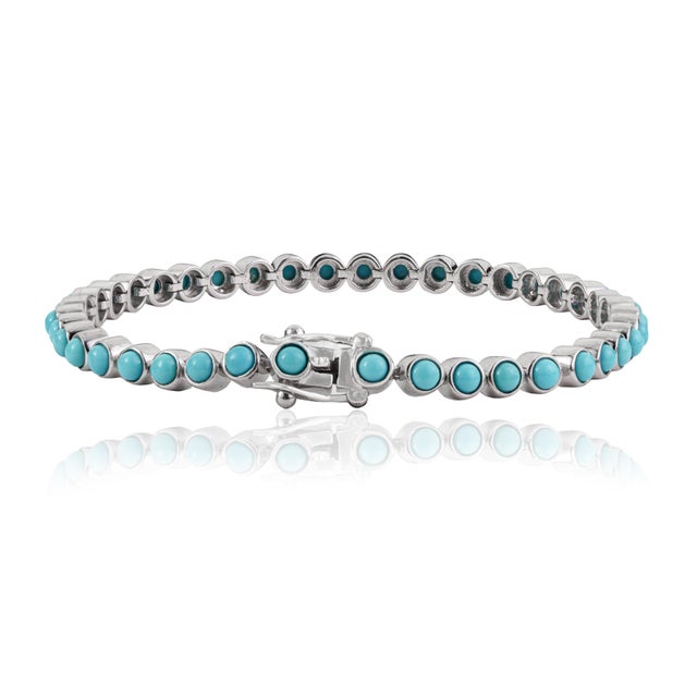 Not Yet Made - Made To Order Classic 5.07 Ct Bezel-Set Round Natural Turquoise Tennis Bracelet in 925 Silver For Sale - Image 5 of 14