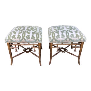 Pair of Scalamandre Silk Velvet Faux Bamboo Chinoiserie Stools or Ottomans For Sale