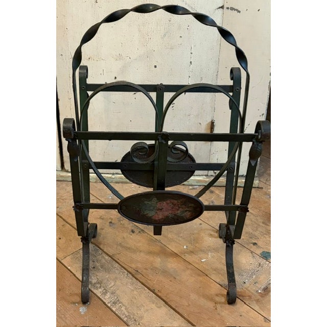 Early Wrought Iron Magazine Rack With a Heart Shaped Design and Painted Floral Medallion For Sale - Image 4 of 5