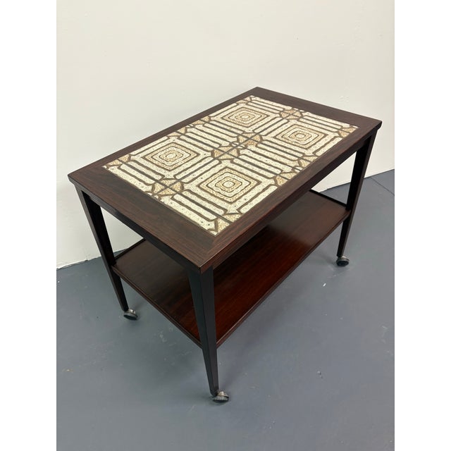 Mid-Century Modern Mid Century Rosewood and Tile Top Bar Cart For Sale - Image 3 of 6