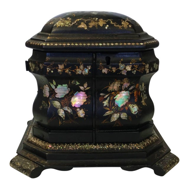 19th Century Papier Mâché Lacquered Jewelry Box Hand Painted with Inlaid With Mother-Of-Pearl For Sale