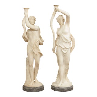 Antique Neoclassical Style Large Carved Marble Figural Statues - A Pair For Sale