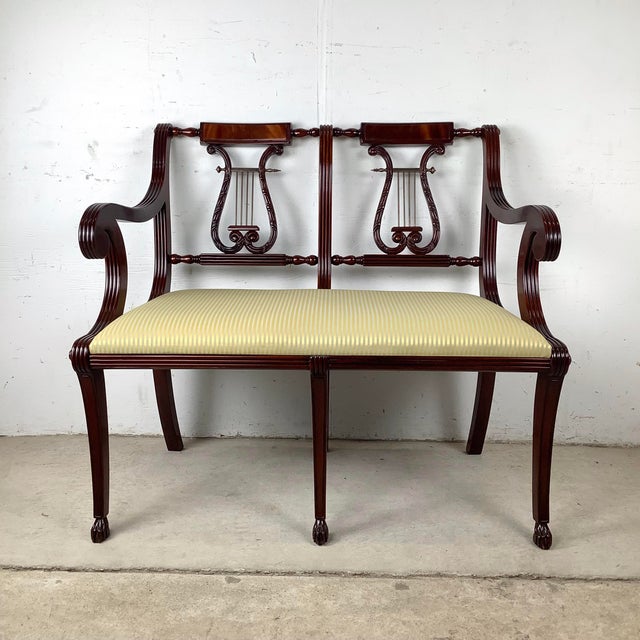 Traditional Federal Revival Mahogany Lyre-Back Settee- Neoclassical Bench For Sale - Image 3 of 12