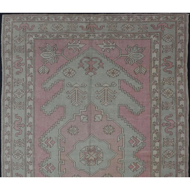 Turkish Oushak Rug in Soft Rose and Sage Green With Geometric 6'6 X 9'9 For Sale - Image 10 of 16