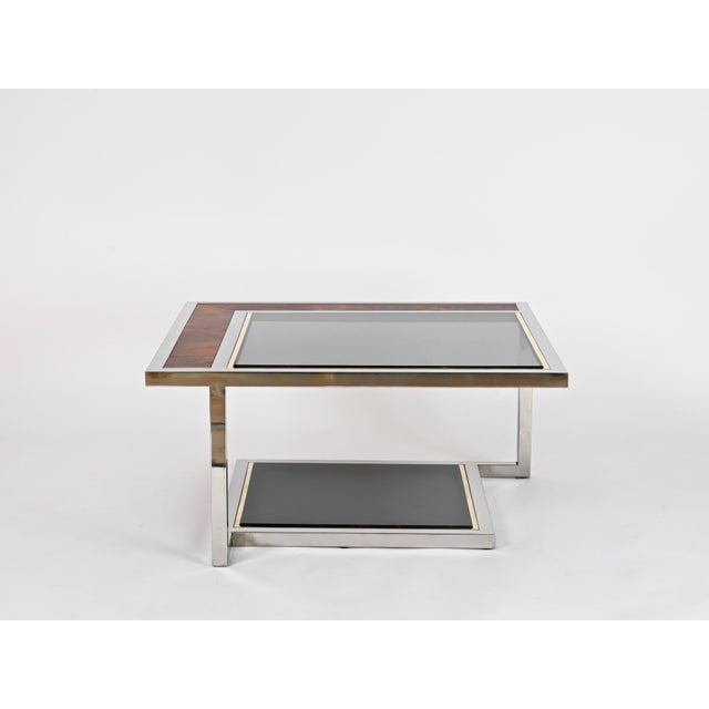 1970s Coffee Table in Chrome, Brass, Burl Wood, and Smoked Glass, Italy, 1970s For Sale - Image 5 of 16