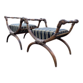 Vintage Carved Wood Upholstered Benches or Ottomans- a Pair For Sale