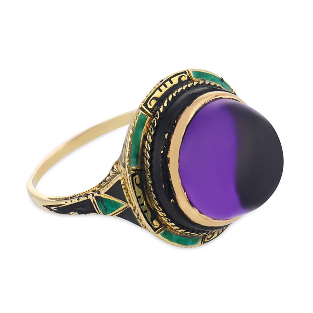 1910s Art Nouveau 7.25 Carat Amethyst 14k Yellow Gold Enamel Cocktail Ring, Size 6.75 For Sale - Image 4 of 6