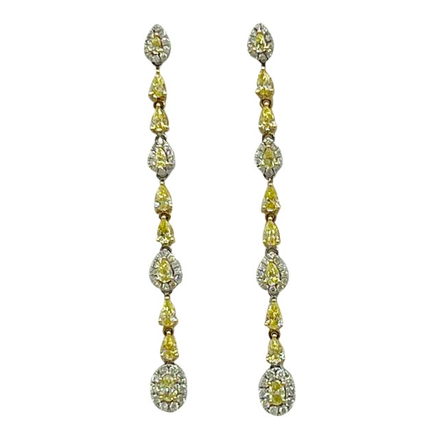 Mid 20th Century Fancy Yellow Pear Shape & White Round Diamond Dangle Earrings in 14k 2 Tone Gold - 2 Pieces For Sale
