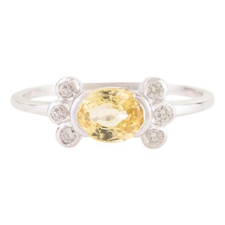 14k Gold Natural Oval Yellow Sapphire Diamond Floral Motif Cluster Ring Size 8 For Sale