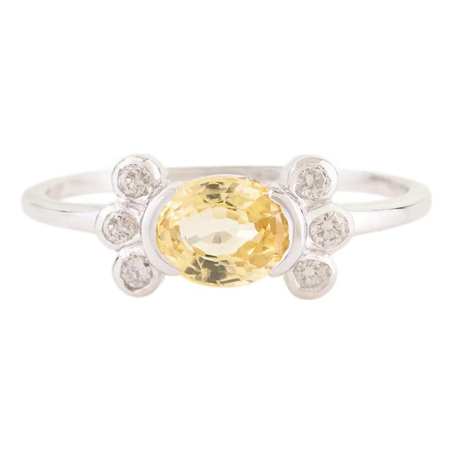 14k Gold Natural Oval Yellow Sapphire Diamond Floral Motif Cluster Ring Size 8 For Sale