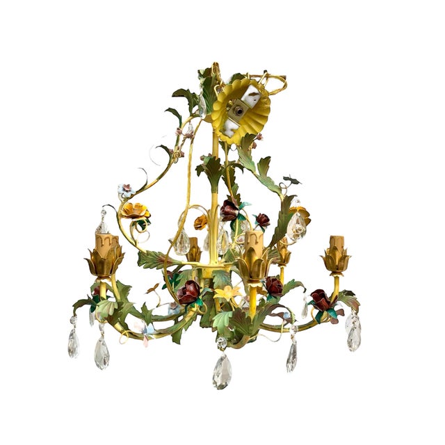 A pair of 6 Light - Beautiful Italian Tole twin chandeliers in stunning multi-colored, pastel floral chandeliers. The...