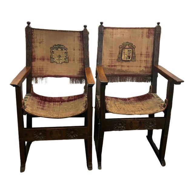 16th Century Pair of Antique 1500 Spanish Velvet Side Chairs With Family Crest For Sale