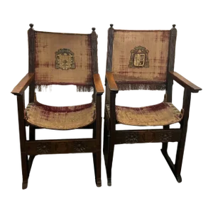 16th Century Pair of Antique 1500 Spanish Velvet Side Chairs With Family Crest
