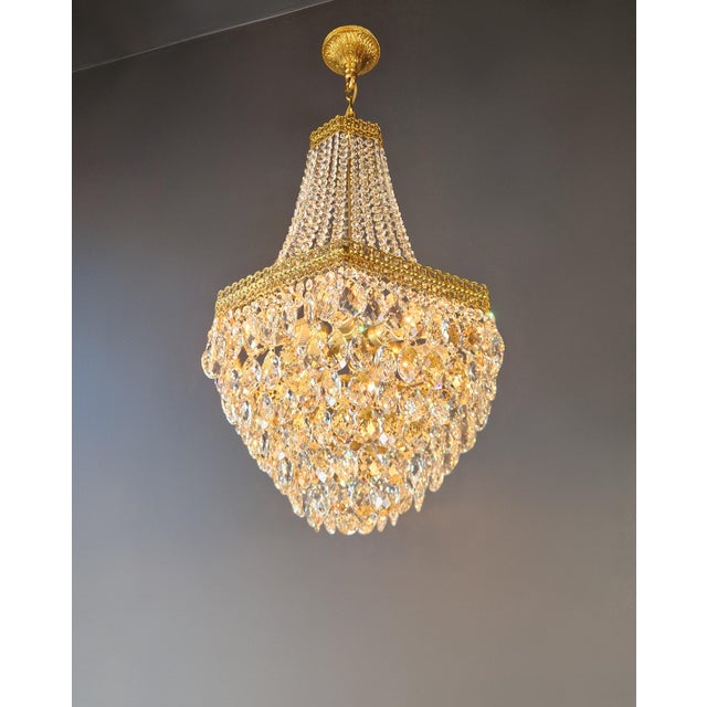 Pair of1950s Brass Empire Sac a Pearl Chandelier Crystal Lustre For Sale - Image 9 of 12