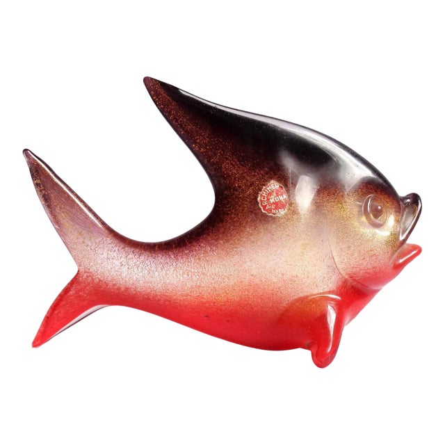 Murano Seguso Vintage Red Purple Gold Flecks Italian Art Glass Standing Fish Figure Sculpture For Sale