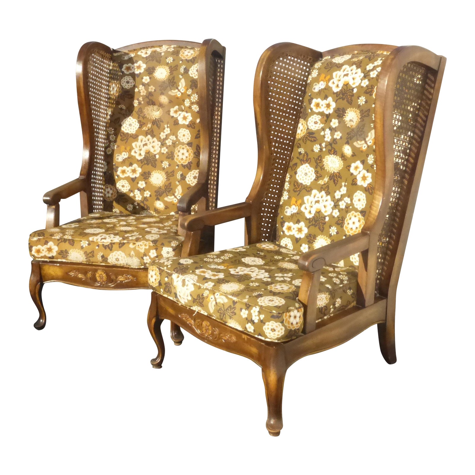 Midcentury Cane Wing Back Floral Arm Chairs Pair Chairish