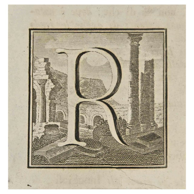Luigi Vanvitelli, Letter of the Alphabet R, Etching, 18th Century For Sale