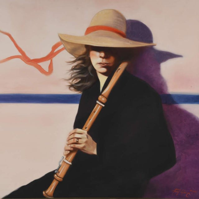 This captivating, framed painting by Ray Young portrays a serene and introspective woman holding a clarinet, enveloped in...