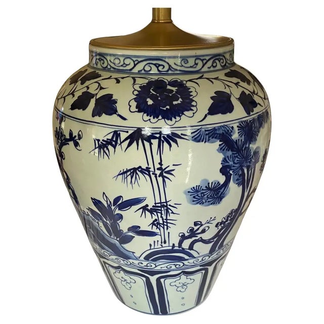 Early 20th Century Chinoiserie Blue and White Porcelain Ginger Jar Table Lamp Landscape Motif For Sale - Image 5 of 16