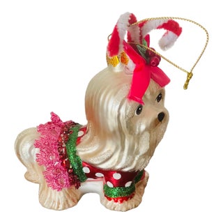 1970s Cute Shitzu Dog Christmas Ornament Figurine Glass For Sale