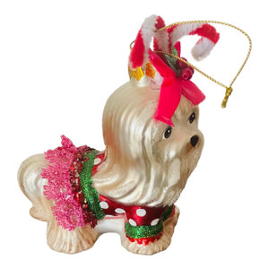 1970s Cute Shitzu Dog Christmas Ornament Figurine Glass