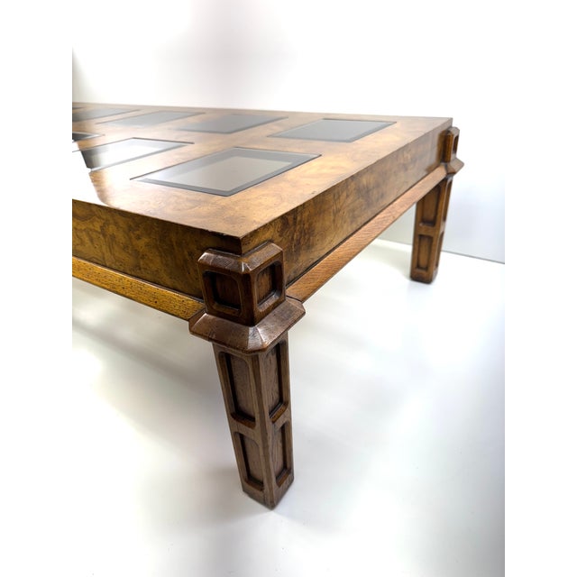 Italian Burl Wood Coffee Table in the Manner of Milo Baughman With Inset Glass Panels, 1970s For Sale - Image 9 of 14