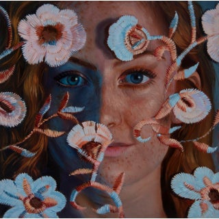 A Thin Smile by Pegah Samaie | Oil on aluminum panel Portrait of a woman surrounded by flowers. For Sale