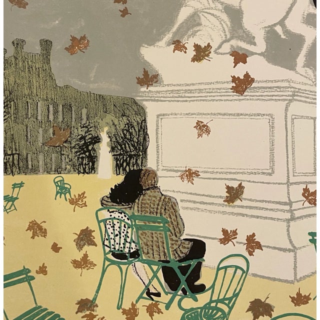 1955 French lithograph of a couple in the Tuileries with the Louvre in the background. The sculpture is "Centaur raping a...