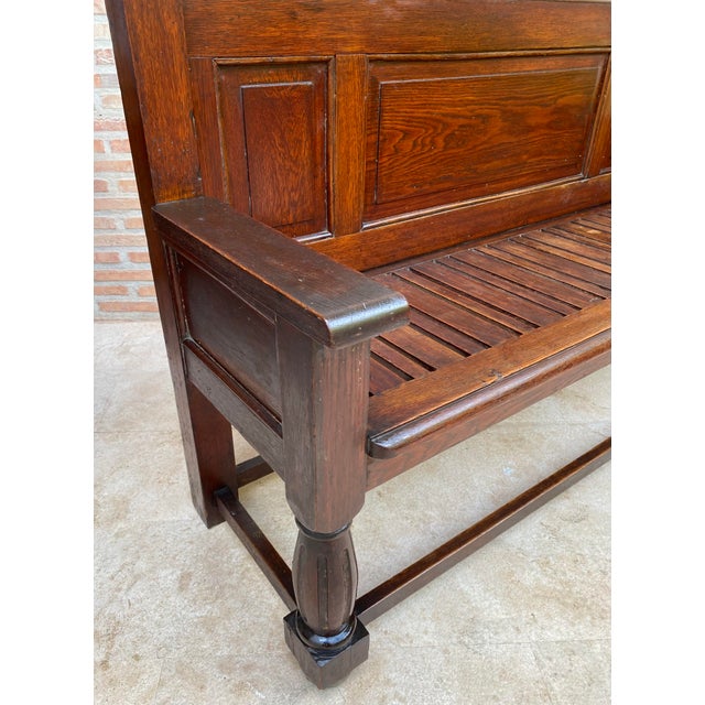 Antique Spanish Oak Bench With Paneled Back and Turned Legs For Sale - Image 10 of 14