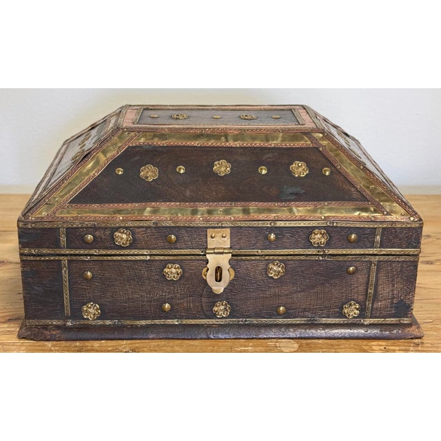 Indian Vintage Wooden Hinged Box W Metalwork Detail For Sale - Image 3 of 10