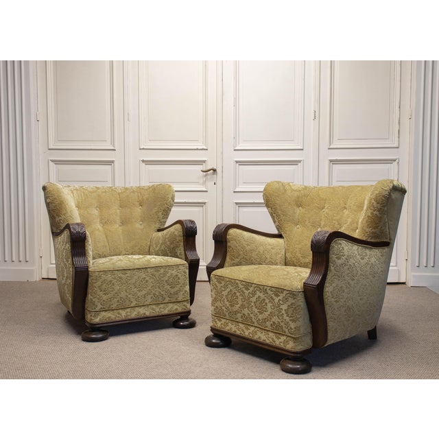 Vintage Swedish Wingback Chairs with Golden Velvet and Carved Oak Armrests, 1920s, Set of 2 For Sale - Image 4 of 11