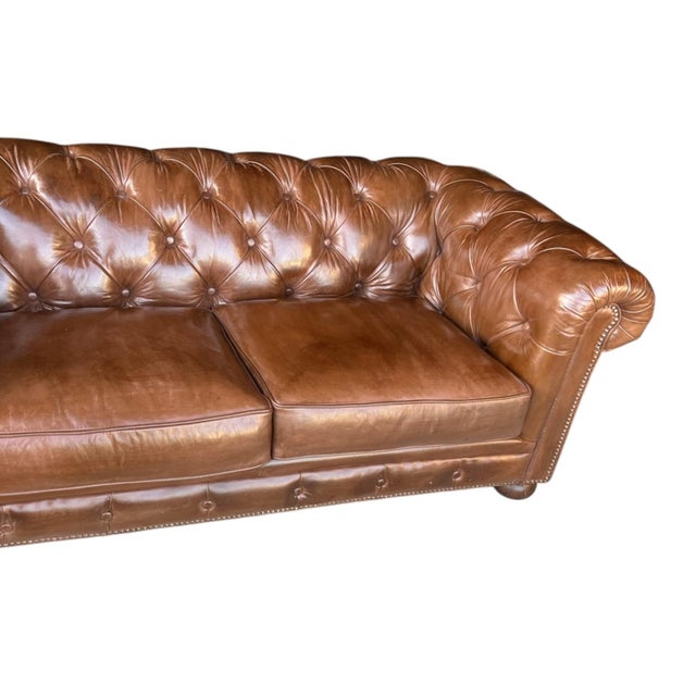 Vintage Chesterfield Tufted Leather Sofa, Fully Restored With Brass Nail Head Trim For Sale - Image 9 of 11
