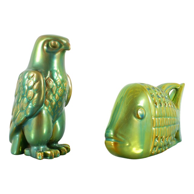 Art Deco Eosin Green Glazed Ceramic Figures by J. Nador for Zsolnay, Hungary, 1970s, Set of 2 For Sale