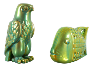 Art Deco Eosin Green Glazed Ceramic Figures by J. Nador for Zsolnay, Hungary, 1970s, Set of 2