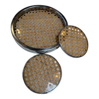 Vintage Chrome and Cane Tray With Matching Coasters, 1970s For Sale