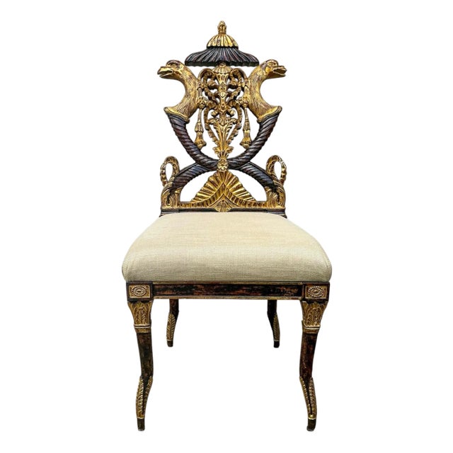 Regency Style Fruitwood & Gold Leaf Chinoiserie & Griffin Side / Desk Chair For Sale