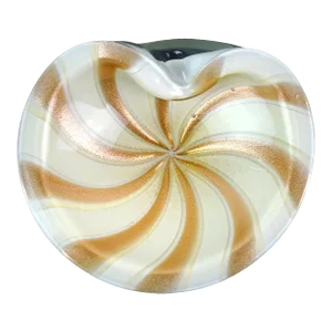 Barbini Murano Vintage White Gold Flecks Copper Aventurine Stripes Italian Art Glass Decorative Bowl