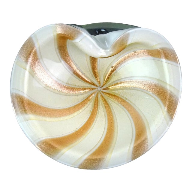 Murano Barbini Vintage White Gold Flecks Copper Aventurine Stripes Italian Art Glass Decorative Bowl For Sale