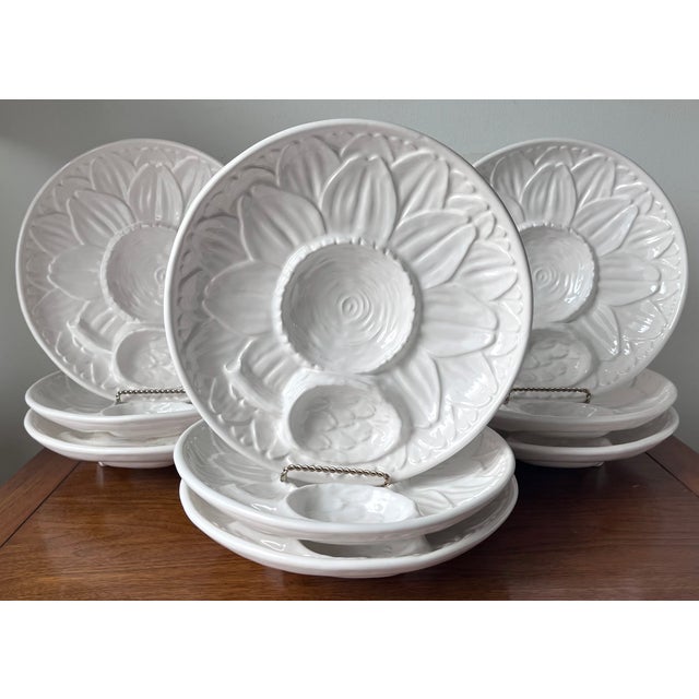 This beautiful set of 9 White glazed Majolica/faience footed artichoke plates were made in Portugal in the 1990's for...