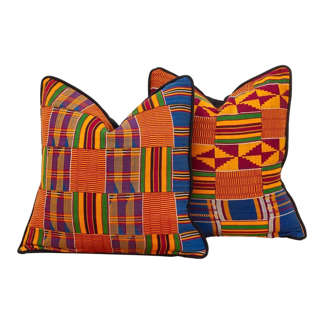 Set of Two, Tribal Vintage African Kente Pillow Covers For Sale