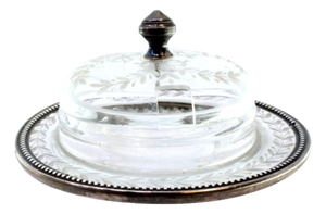 Glass Butter Dish with Engraved Floral Motifs