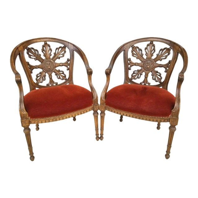 Antique Hand Carved Walnut French Provincial Armchairs - Set of 2 For Sale