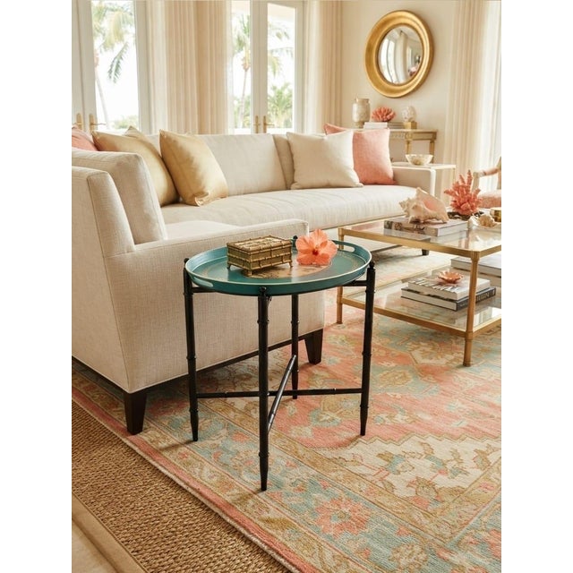 Metal Vintage Chinoiserie-Style Teal and Black Metal Tray Table For Sale - Image 7 of 11