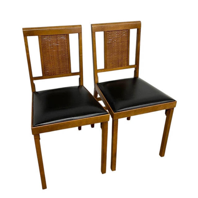 1970s -Century Modern Folding Chairs by Leg-O-Matic, Set of 2 With Cane Backs For Sale - Image 4 of 10